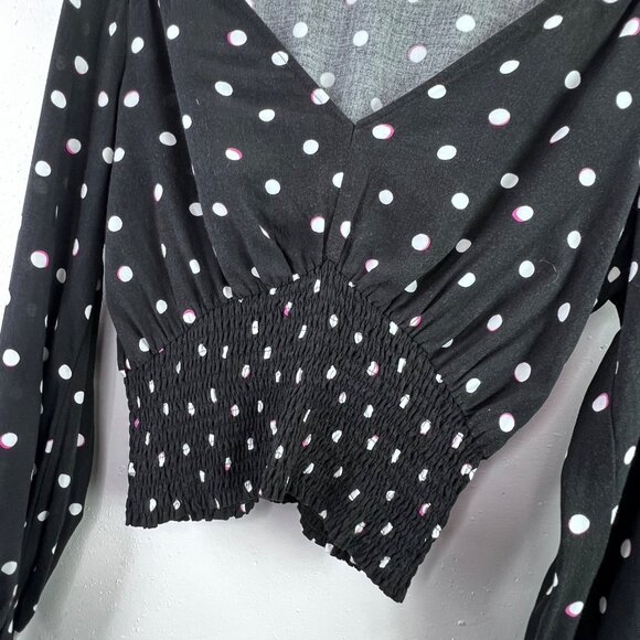 Abercrombie & Fitch Polka Dot Crop Top S Black Smocked V Neck Long Sleeve Blouse - Picture 3 of 7